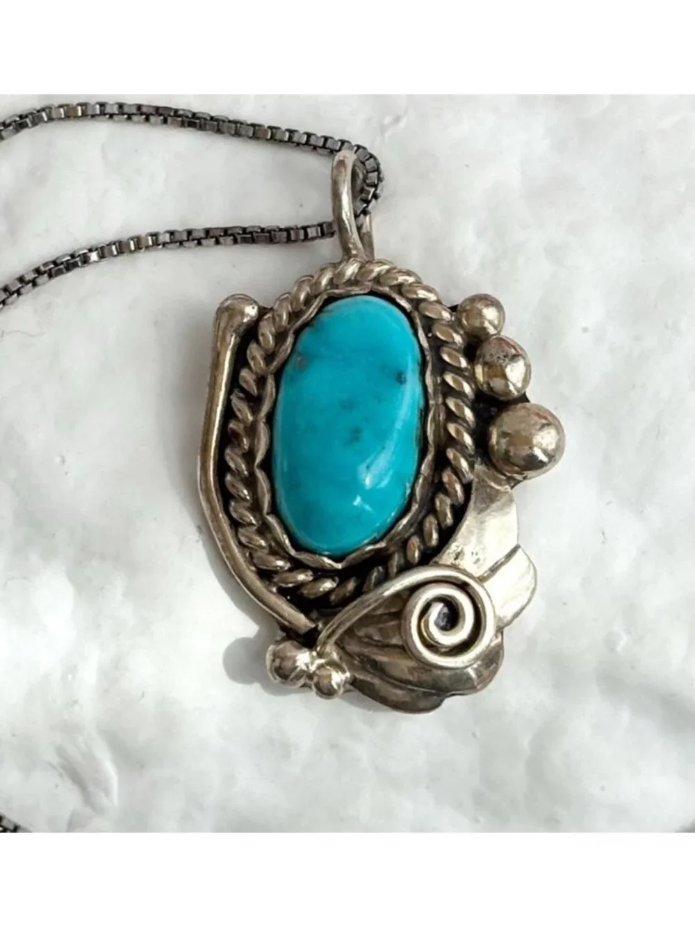 Turquoise Mexico Made Sterling Silver 925 Vintage Pendant Necklace - 17